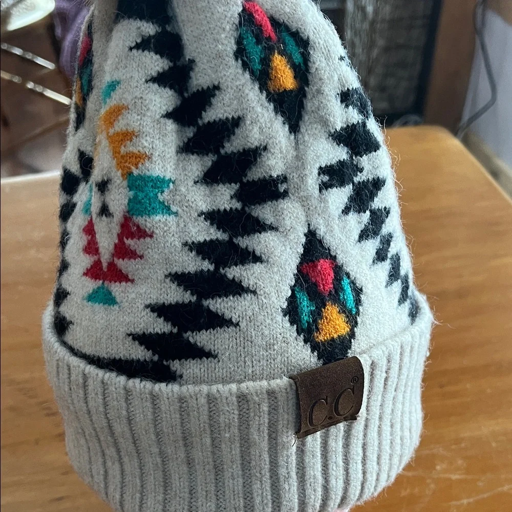 CC Boutique Aztec Print Knit Beanie with Pom Pom - Cream and Black